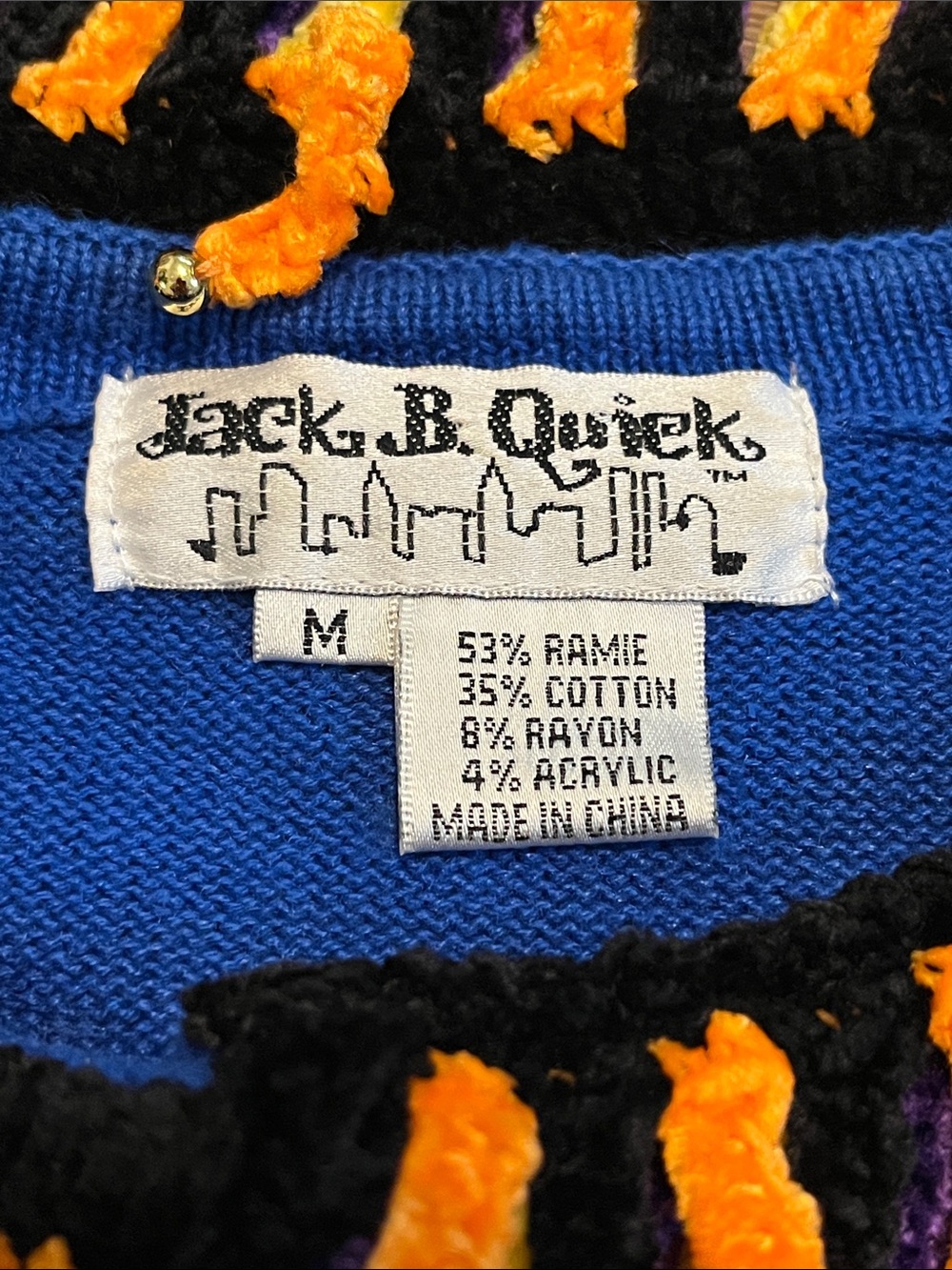 Jack B. Quick Halloween Witch Cat Pumpkin Cardigan Sweater Blue Size M Vintage - Picture 6 of 13